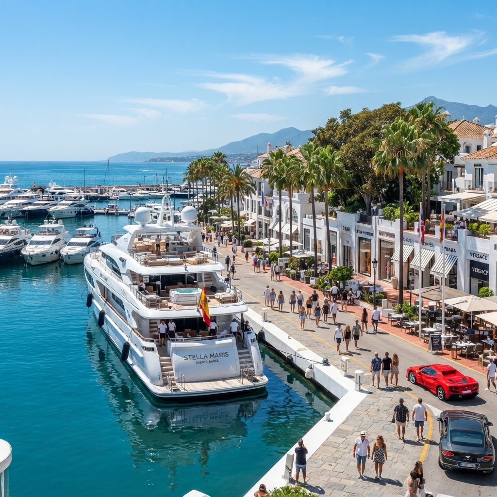 The glamorous atmosphere of the Puerto Banús marina.