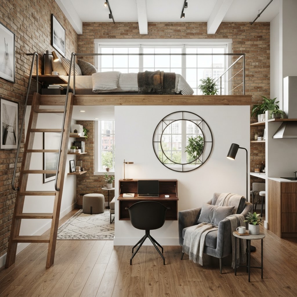 A smart micro-apartment layout that utilizes vertical space for a lofted sleeping area.