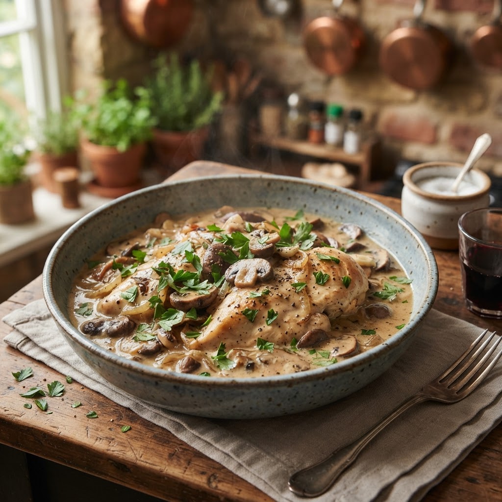 A perfectly plated dish of slow cooker chicken marsala ready for dinner.