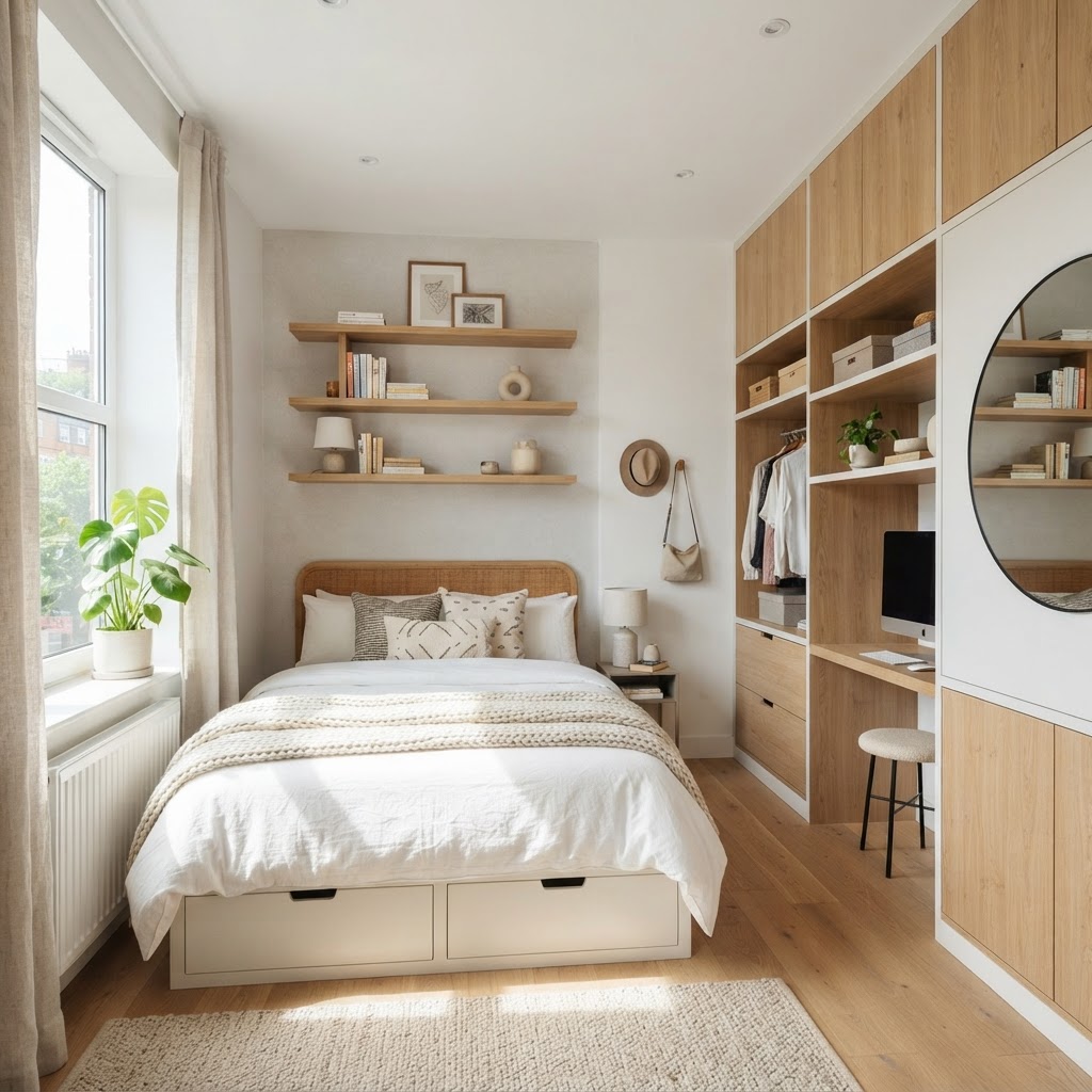 Use floor-to-ceiling shelving to keep the room organized.