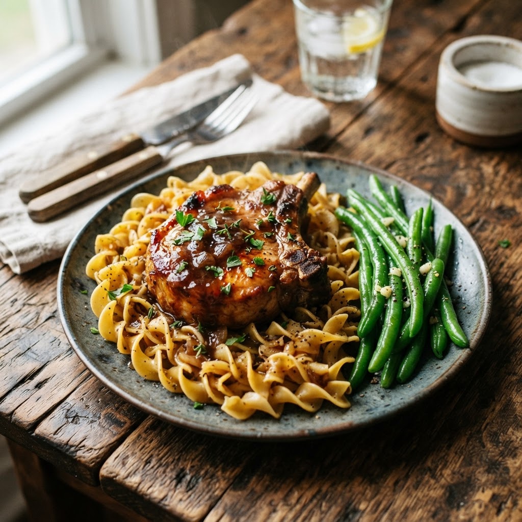 A perfectly plated garlic parmesan pork chop served over buttered noodles.