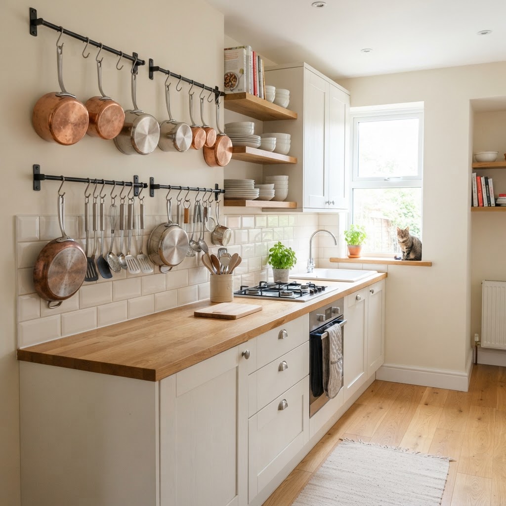 Vertical organization is key to keeping tiny kitchen counters clutter-free.