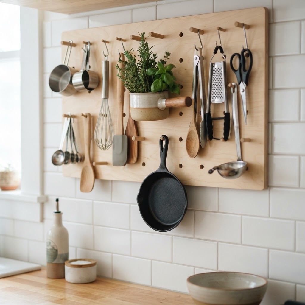 Pegboards provide flexible storage for kitchen essentials.