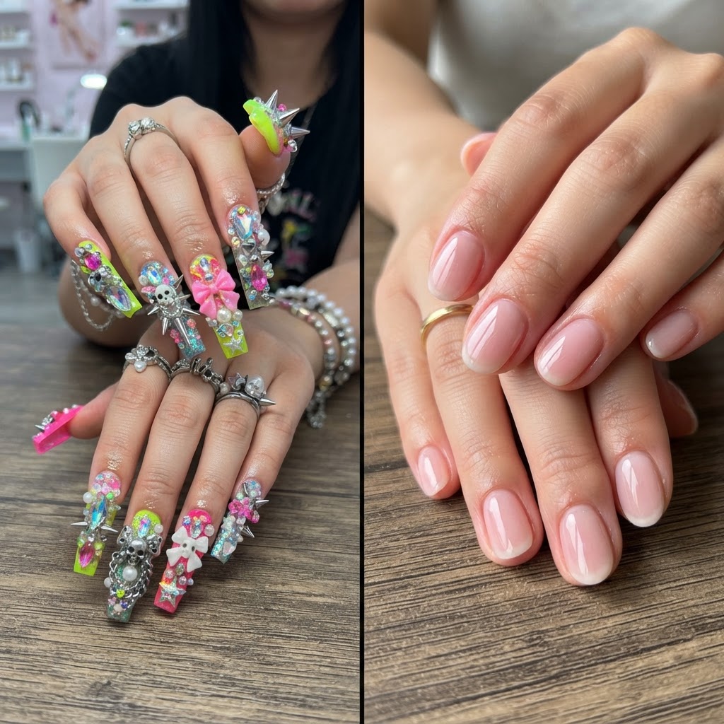 Comparing the dramatic 3D Douyin aesthetic with the soft elegance of Korean nail trends.