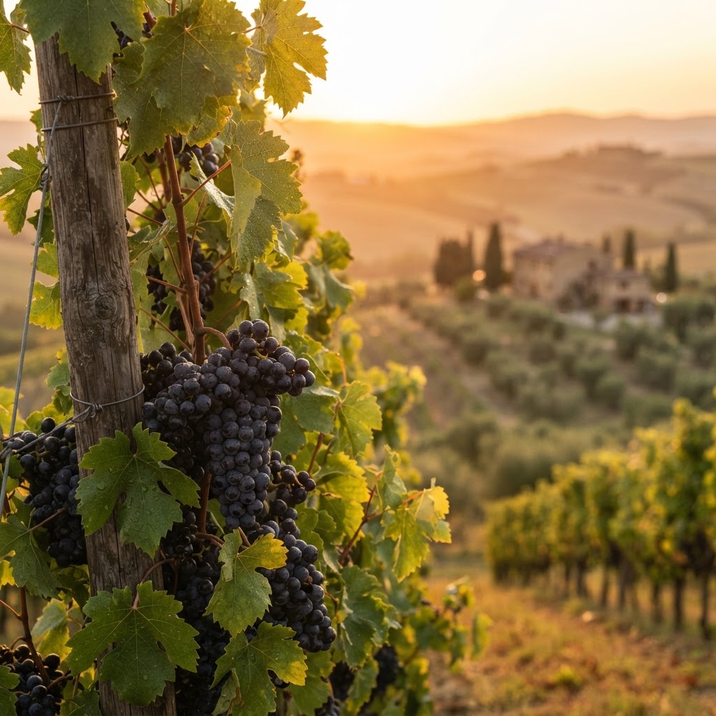 Warm sunset light filtering through the vineyards of Tuscany.