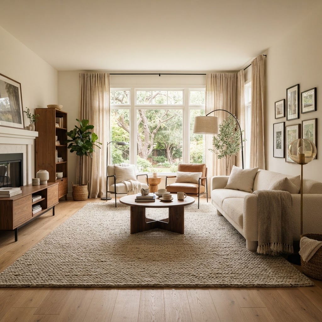Layering textiles like rugs and floor-to-ceiling curtains instantly softens the space.