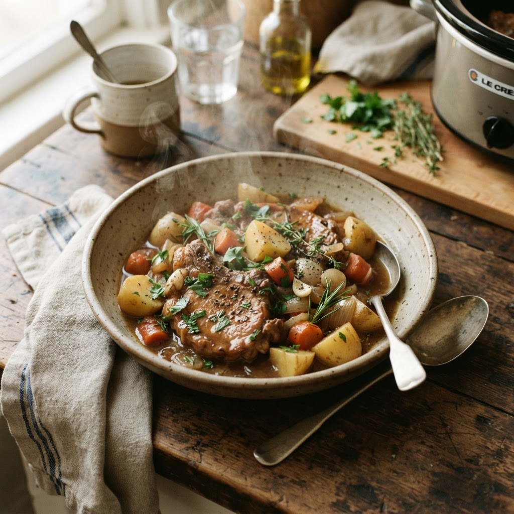 A hearty, delicious serving of slow cooker pork chops and tender potatoes.