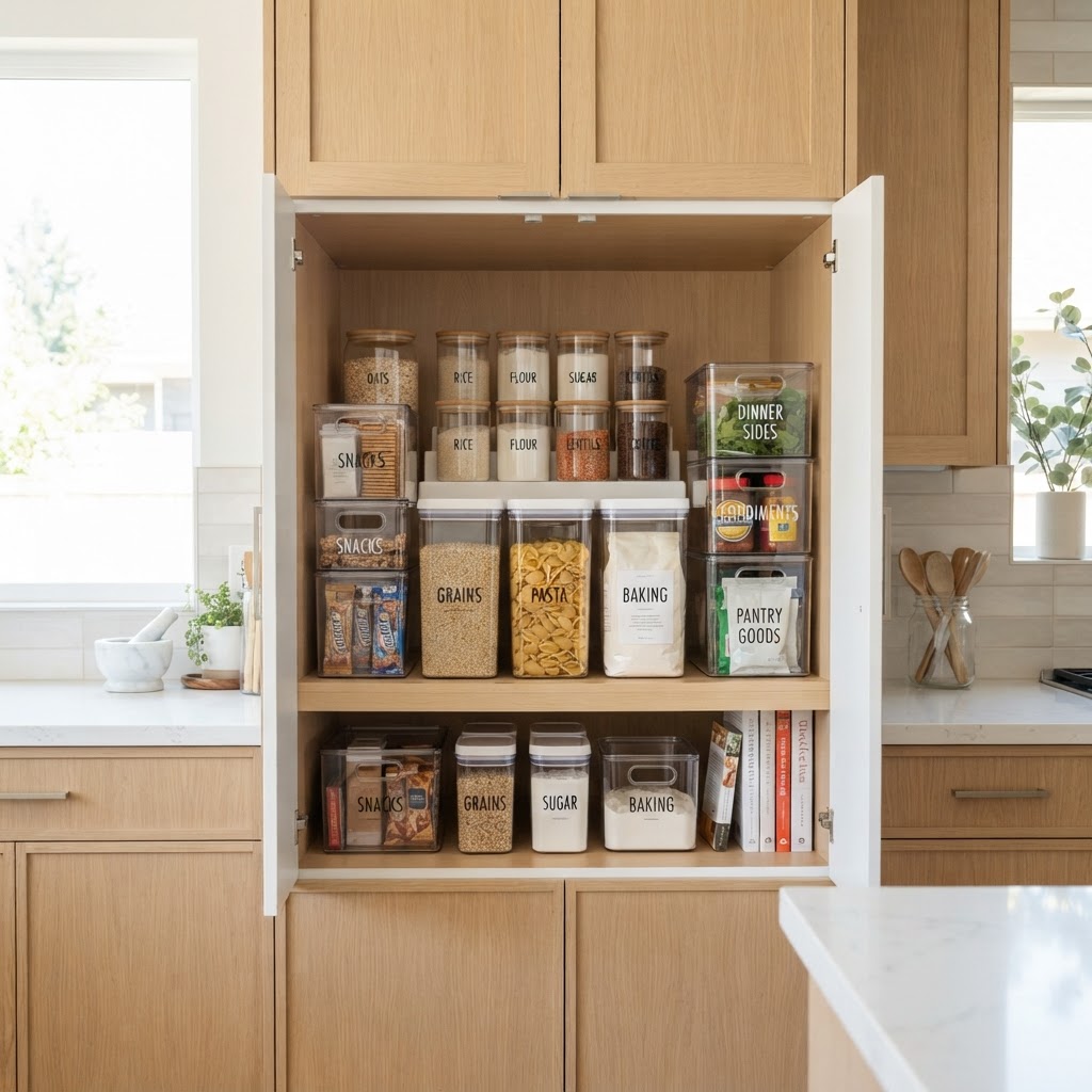 Stackable bins keep your pantry essentials tidy and visible.