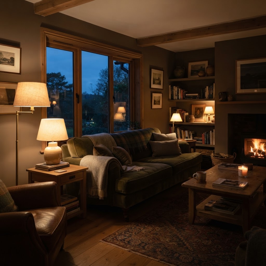 Layered lighting creates a cozy living room atmosphere.