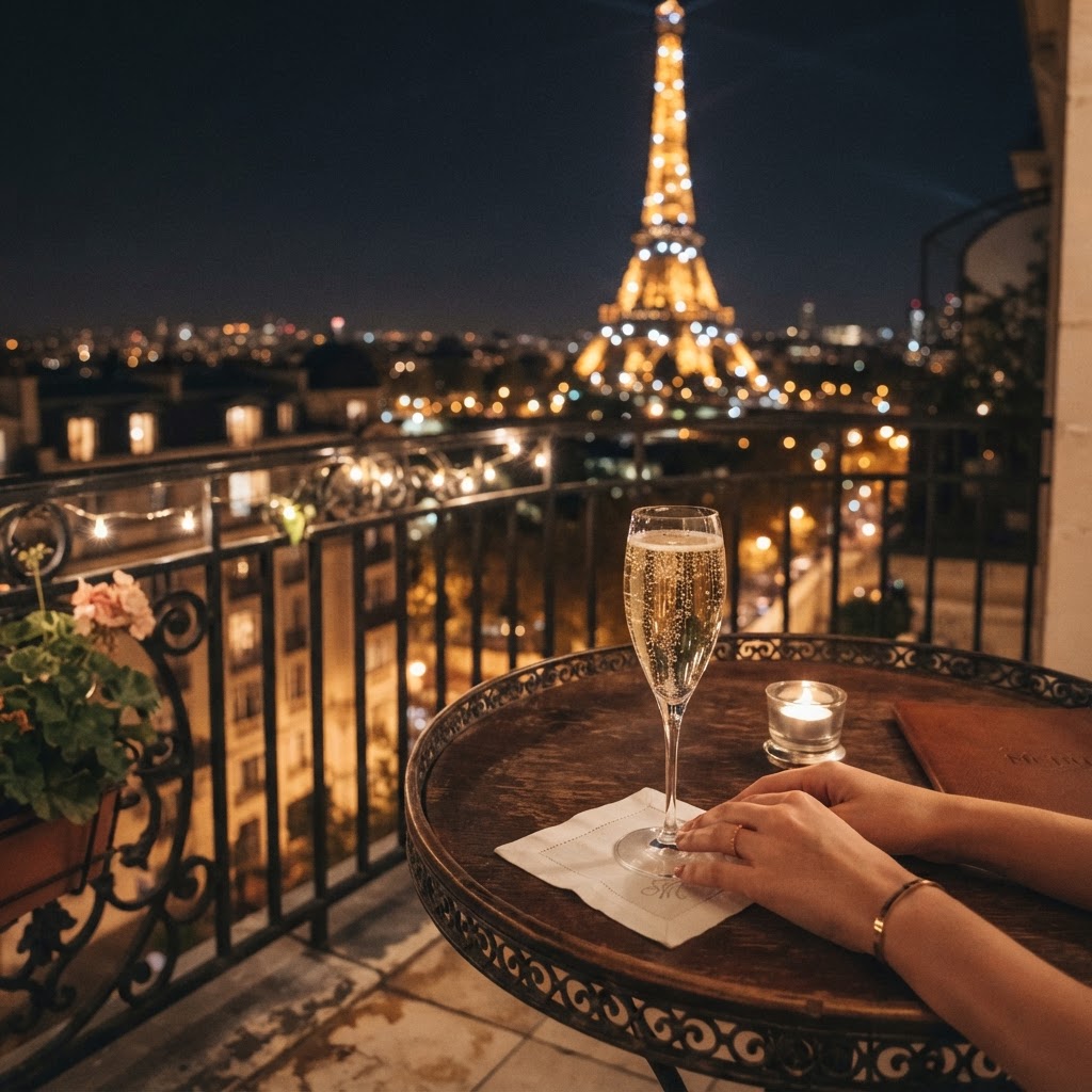 A perfect evening setting for Eiffel Tower balcony romance.