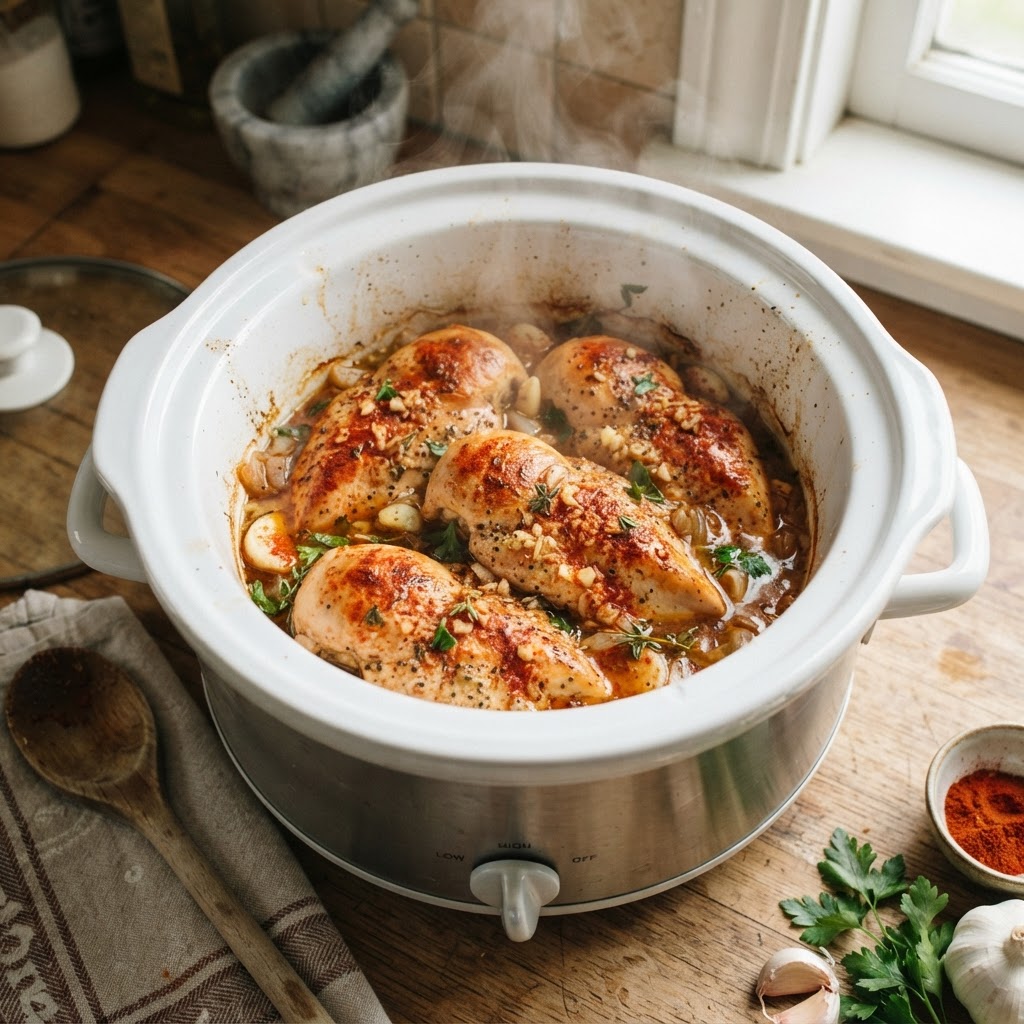 Tender garlic and paprika chicken slow cooker meal.