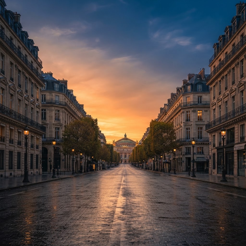 Empty boulevards captured in golden hues.