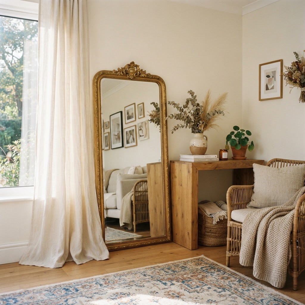 Use leaning mirrors and tall curtains to add depth to any room.