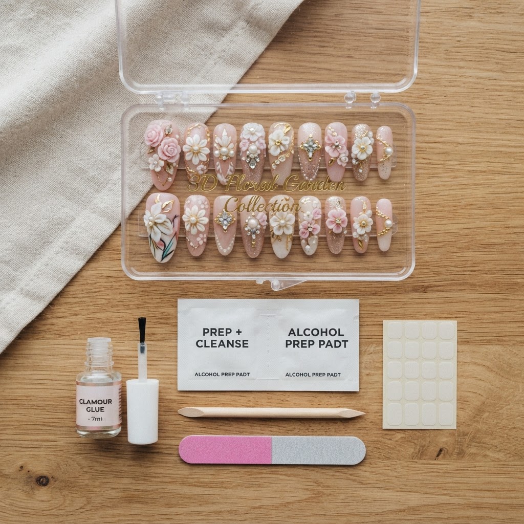 Essential tools for a professional DIY press-on nail application.