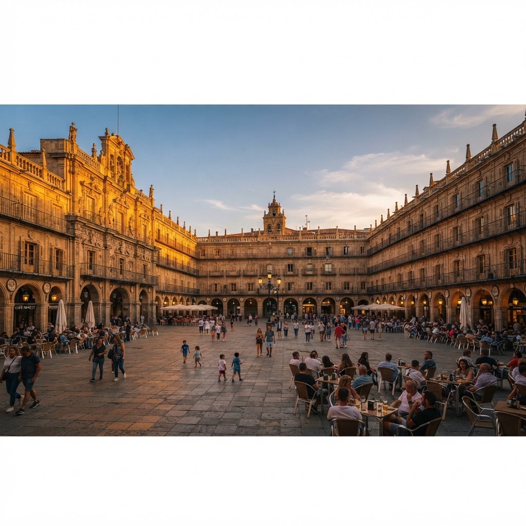 The golden glow of Salamanca's Plaza Mayor.
