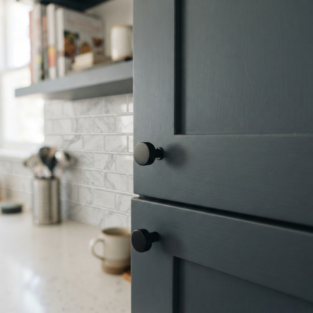 Swapping outdated cabinet hardware for modern pulls is a simple, high-impact rental upgrade.