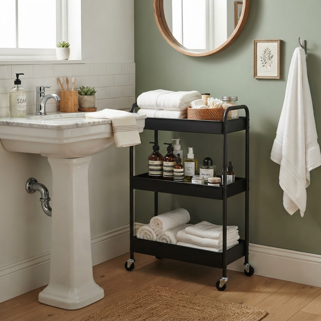 Maximize tiny bathroom storage with a vertical rolling cart.