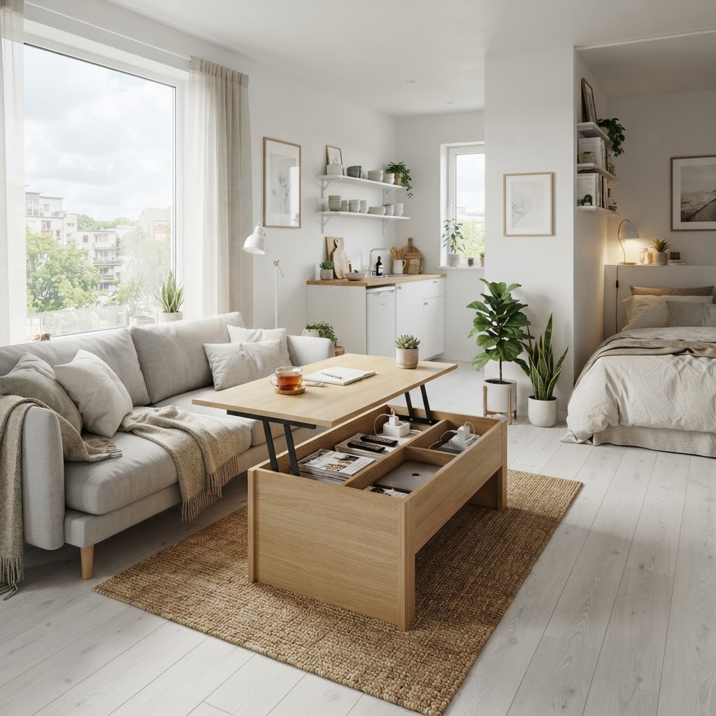 A lift-top coffee table keeps living room clutter neatly tucked away.