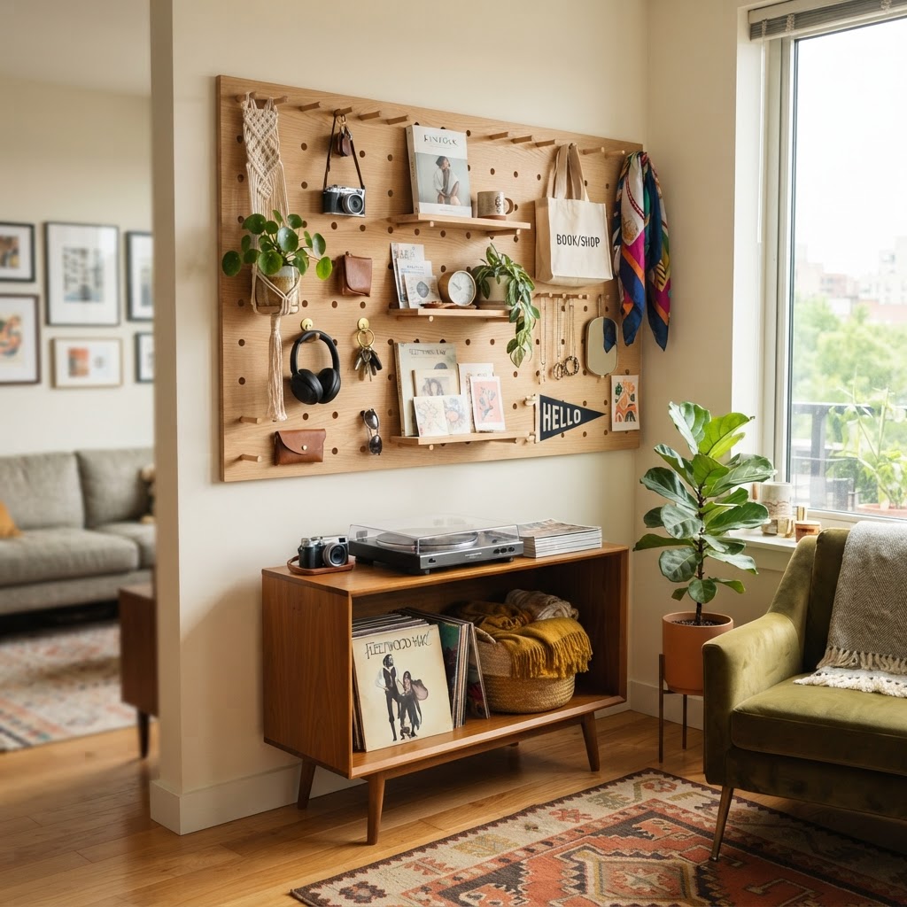 Pegboards offer flexible, modular storage for small items.