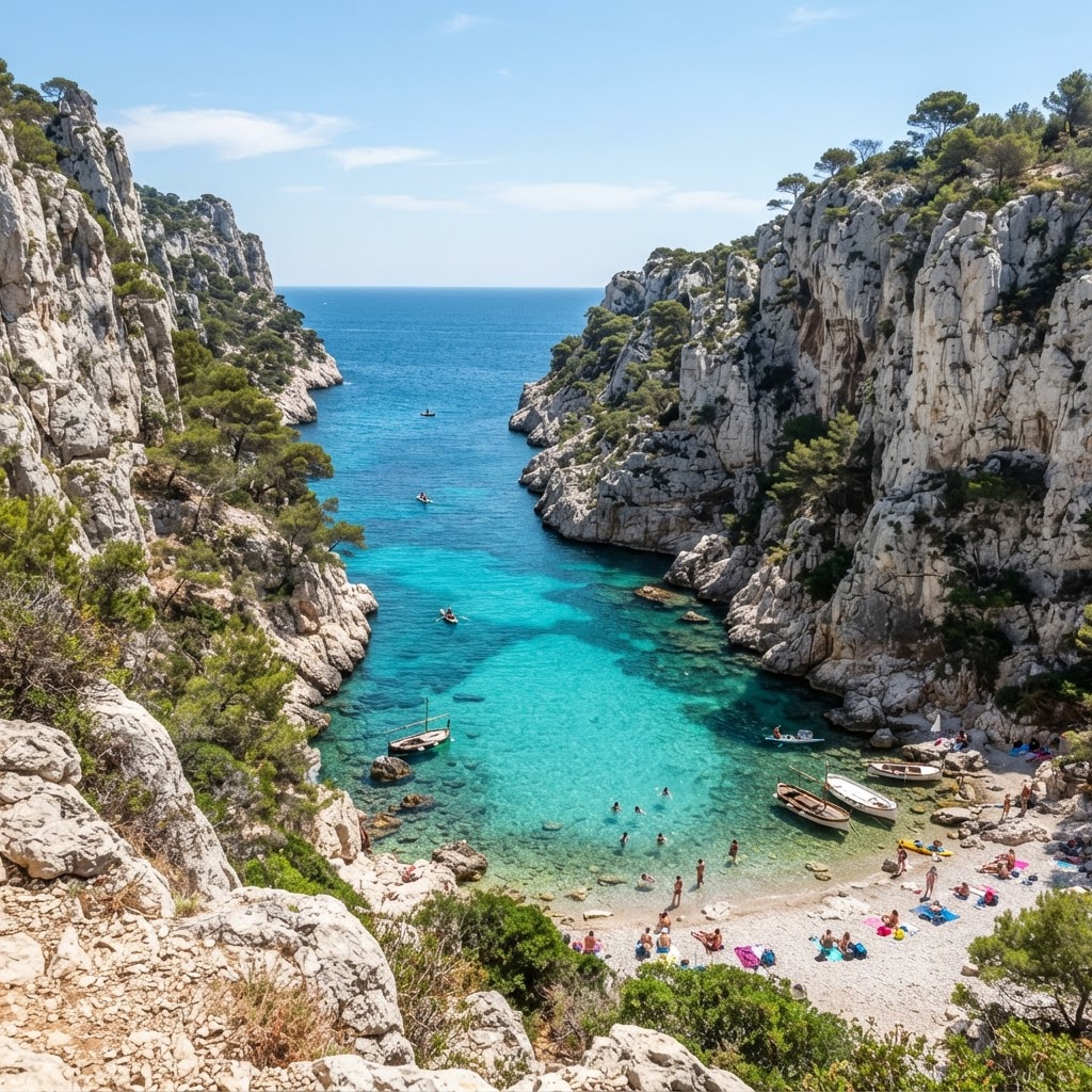 The stunning limestone cliffs and blue waters of the Calanques.