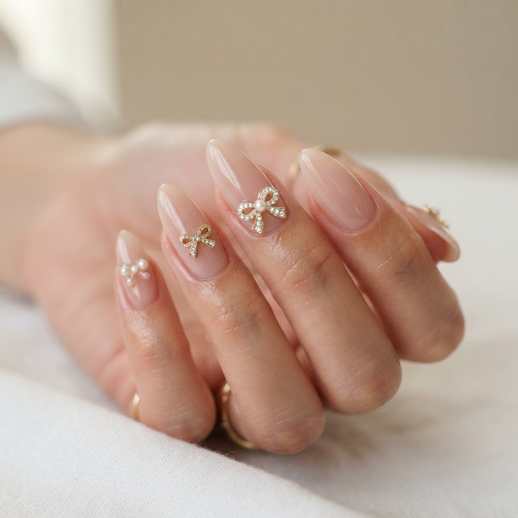 Sophisticated almond nails featuring delicate bow charms.