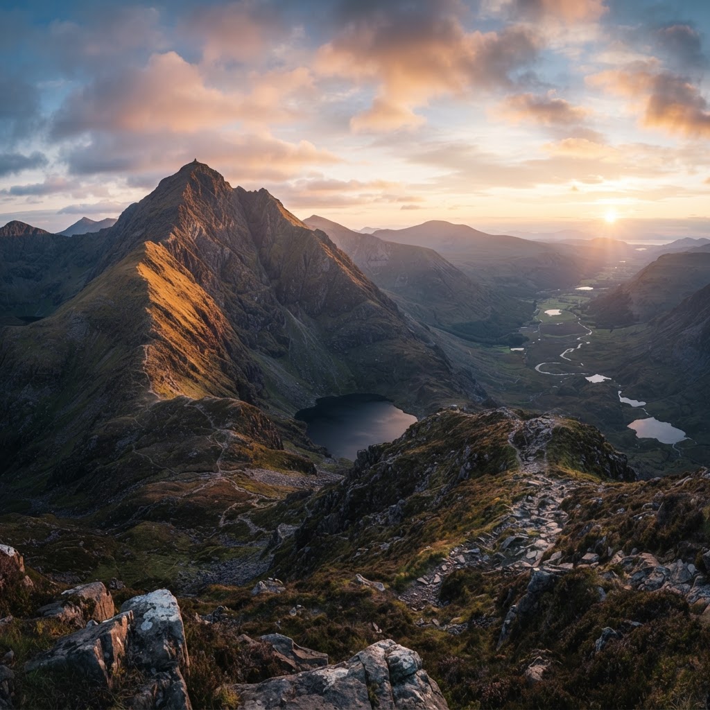 The morning light illuminates the challenging ridgeline of Carrauntoohil, Ireland's highest peak.