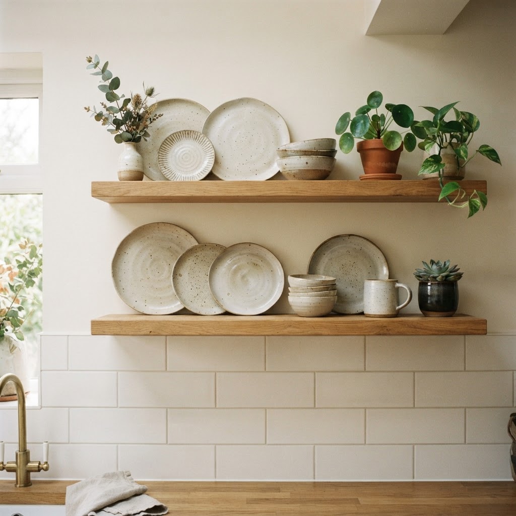 Open shelving adds depth to walls.