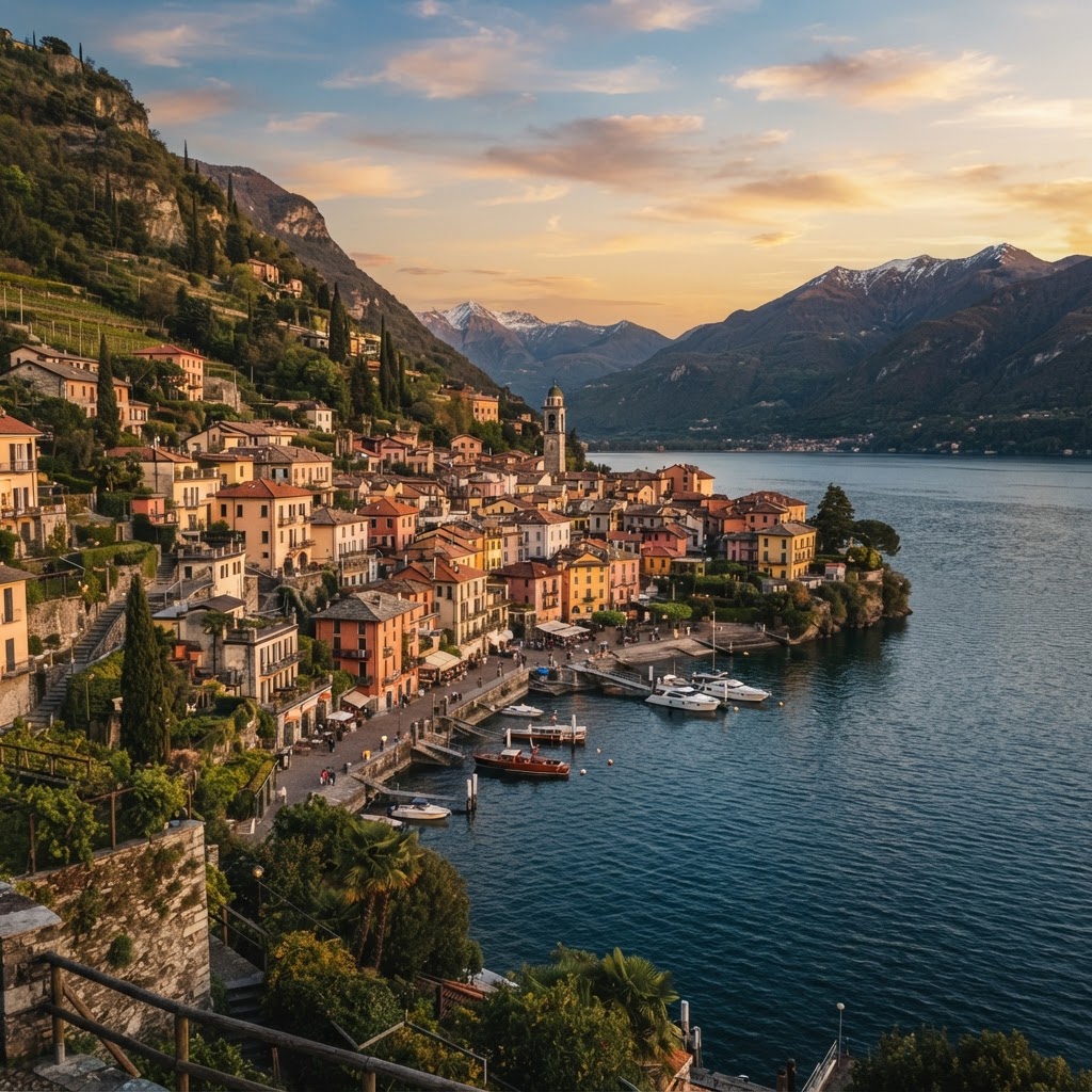The sunset glow paints the charming hillside village of Varenna on Lake Como.