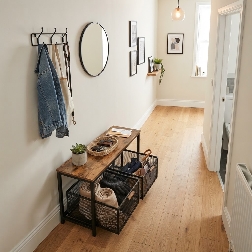 Industrial-style slim bench for compact hallways.