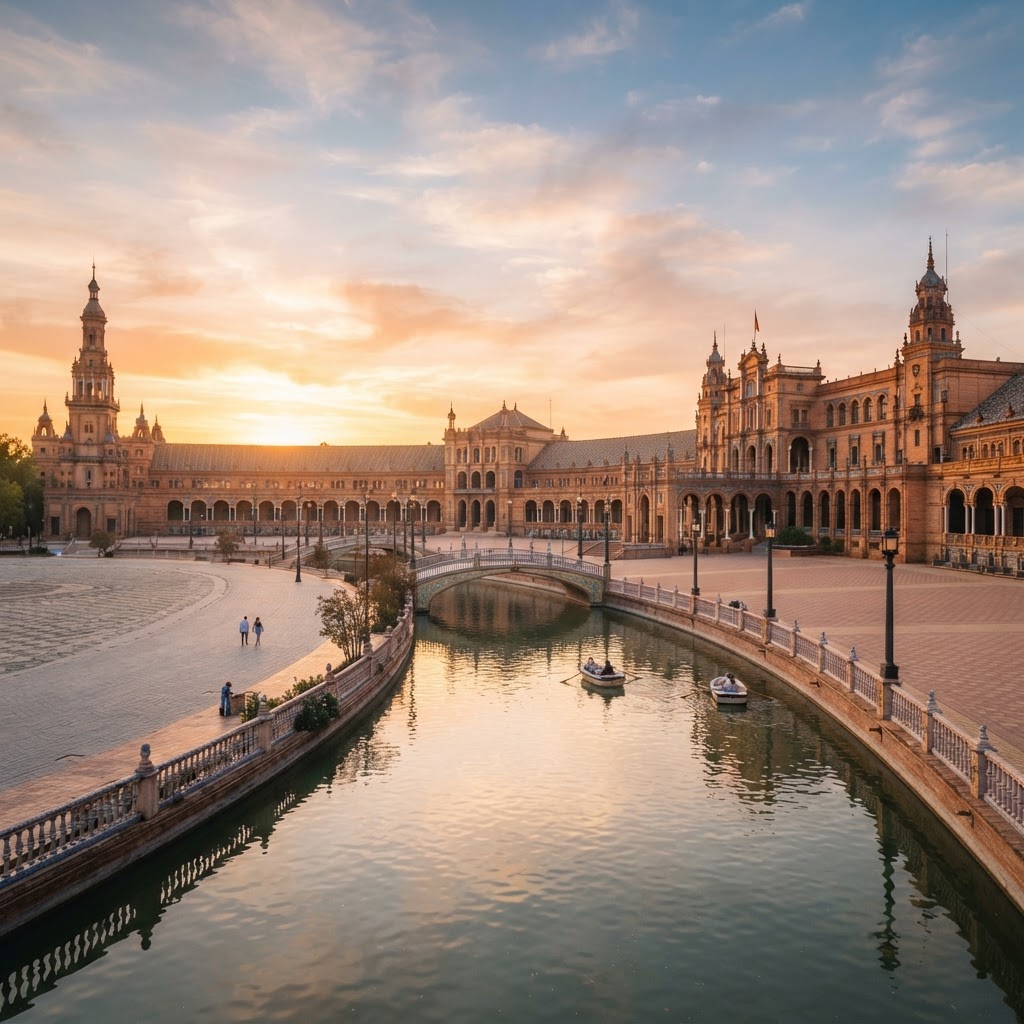 The golden sunrise at Plaza de España Seville.