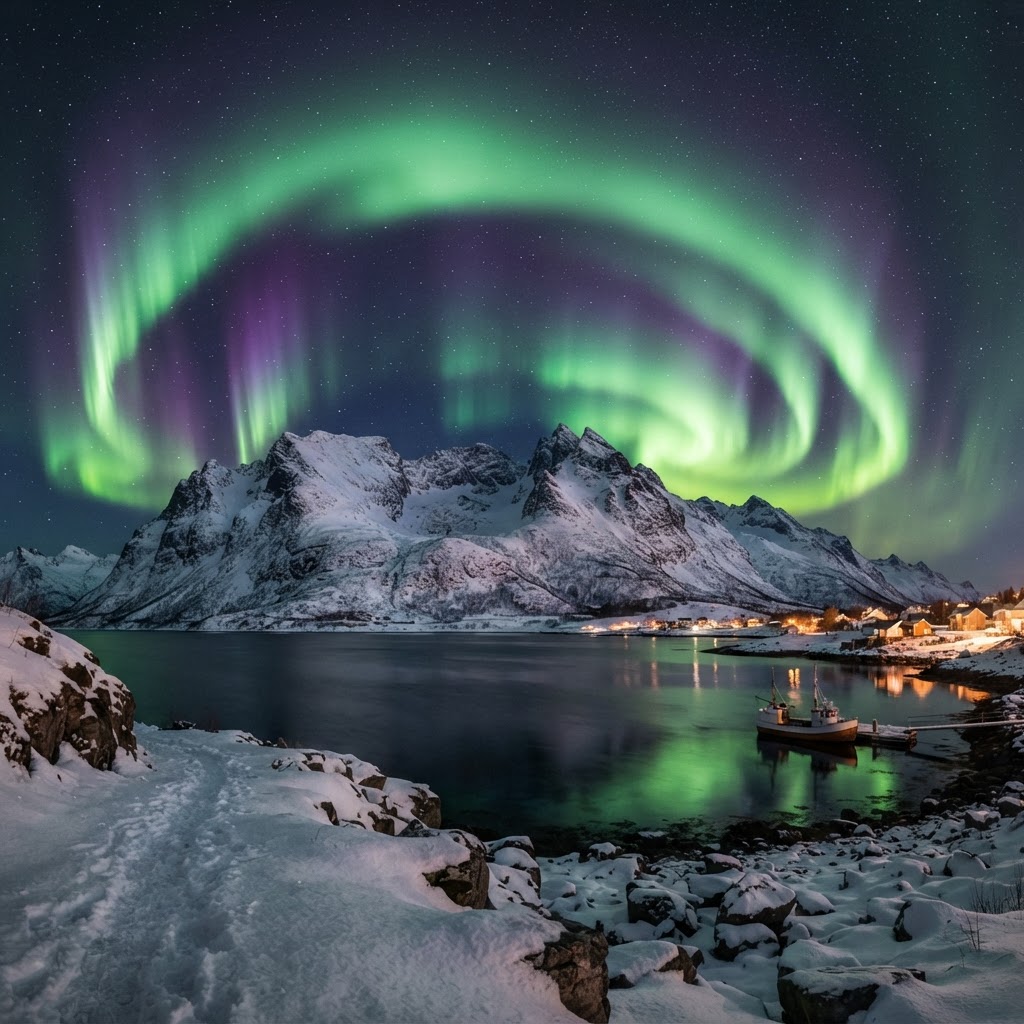 The Northern Lights dance above the Arctic landscape.