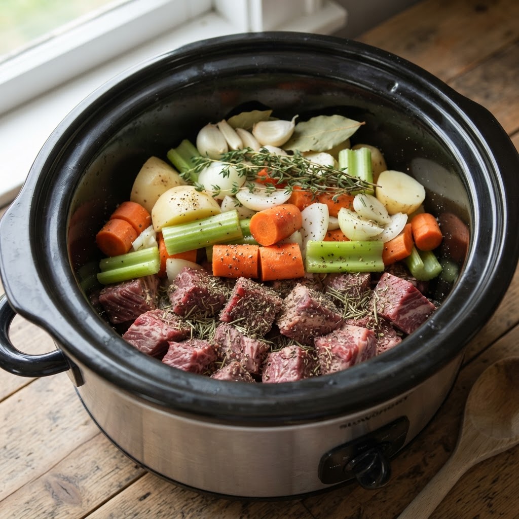 Preparing the ingredients in the slow cooker for the perfect meal.