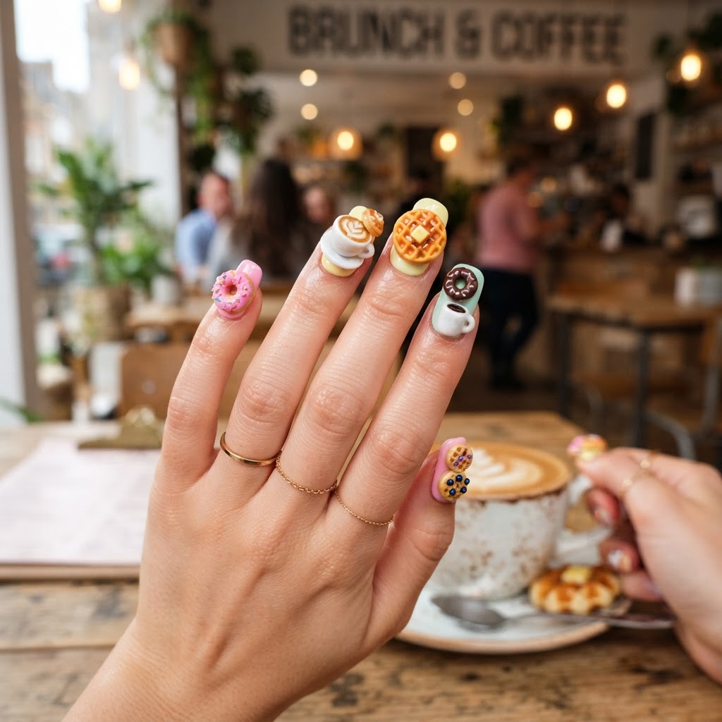 Colorful 3D food art press-on nails perfect for a weekend brunch look.
