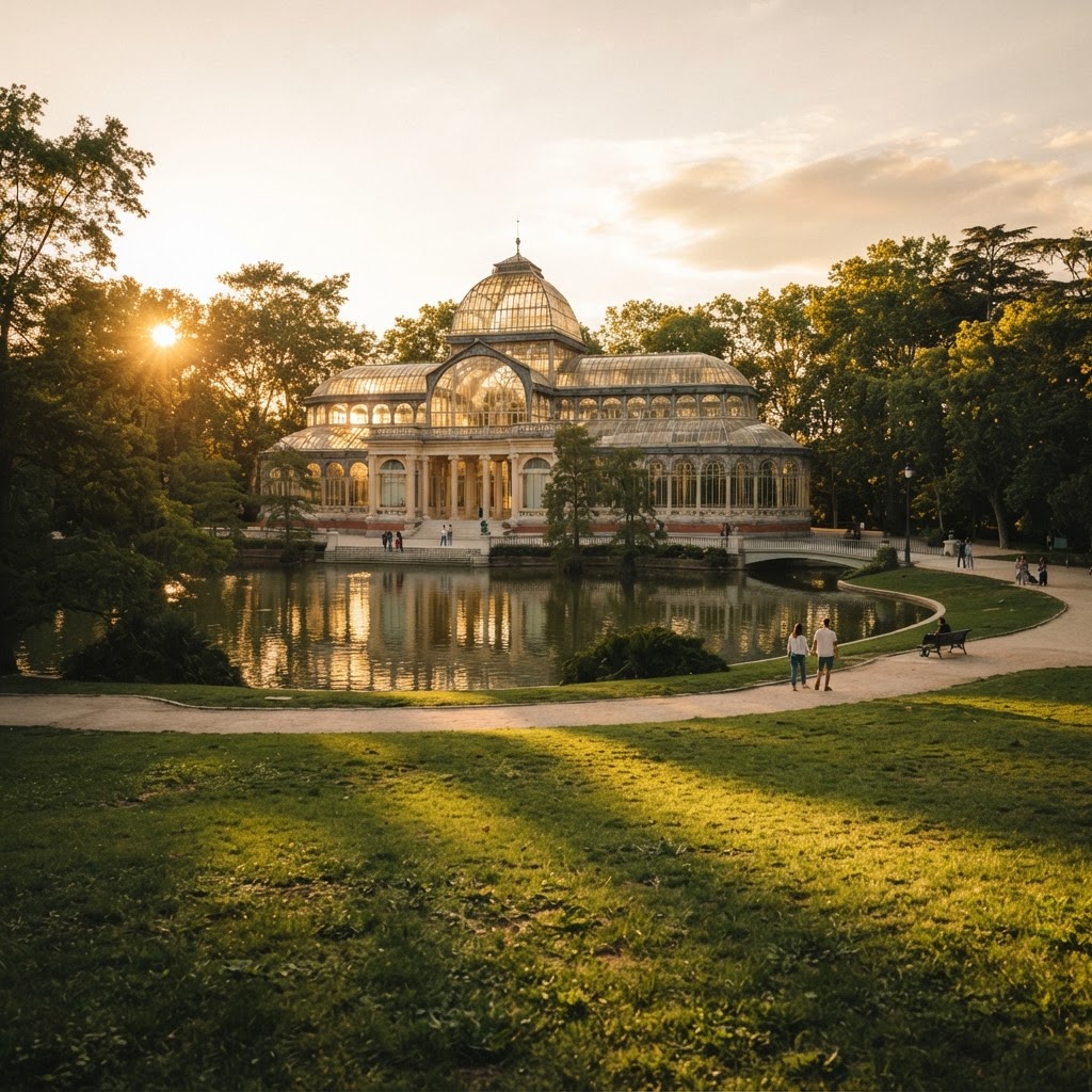 The Crystal Palace in El Retiro looks even more magical when illuminated by the setting sun.