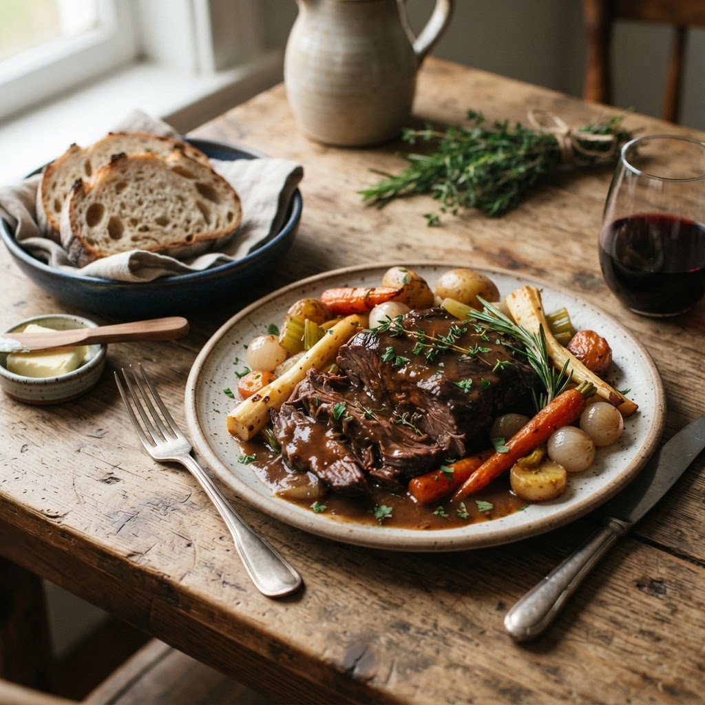 A comforting, gourmet-style pot roast dinner ready to serve.