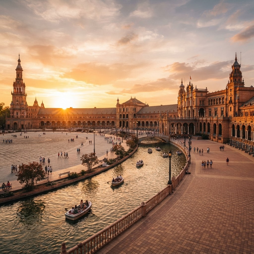 The Plaza de España glowing in the warm embrace of the late afternoon.