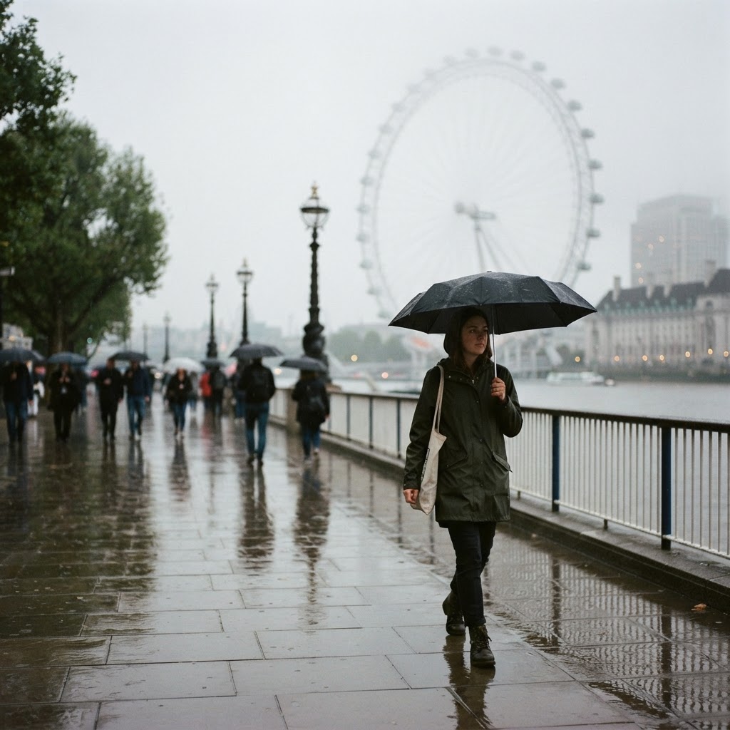The South Bank takes on a cinematic, moody charm in the rain.