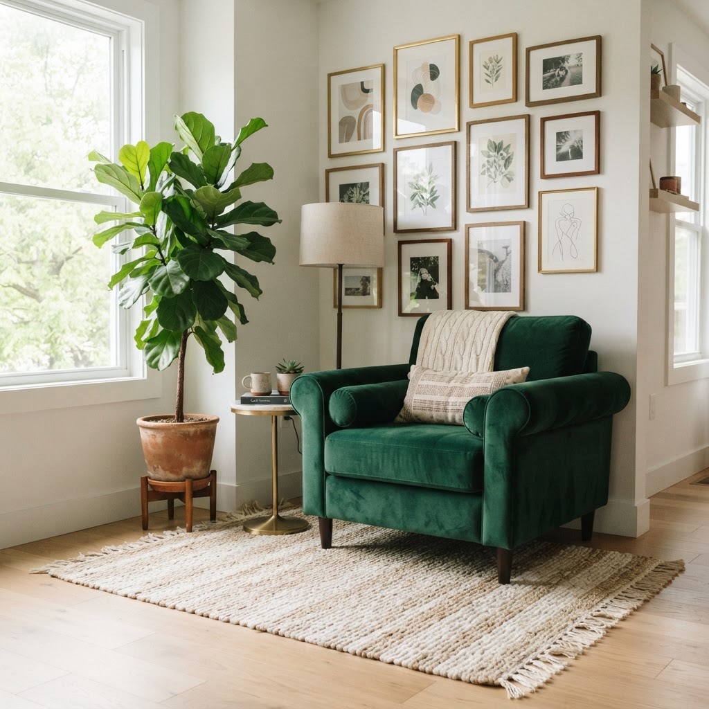 Create a curated look by layering textures and using vertical wall space for art.