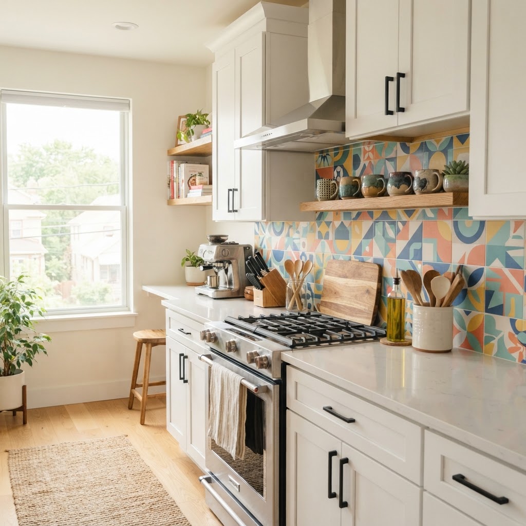 A bright, functional kitchen layout with strategic open storage.