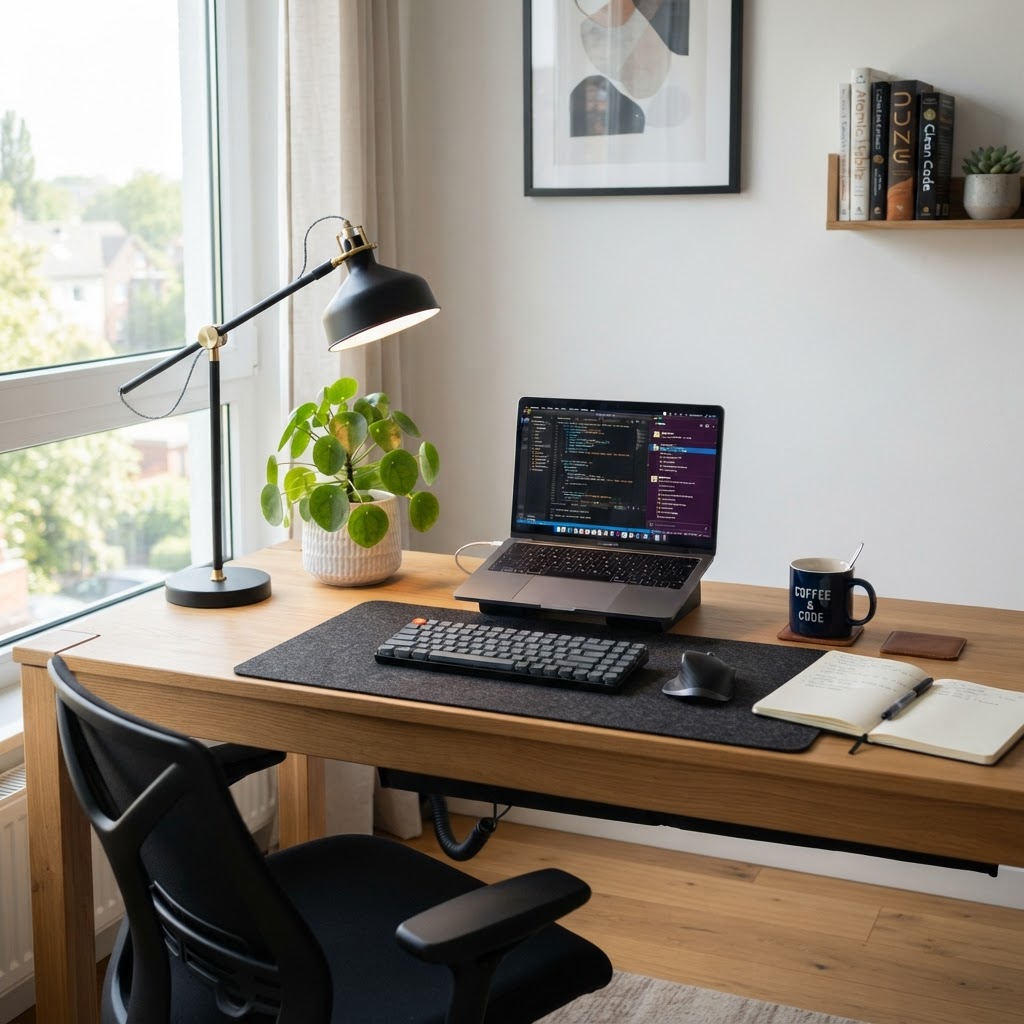 A well-lit desk area combines functionality with a stylish aesthetic.