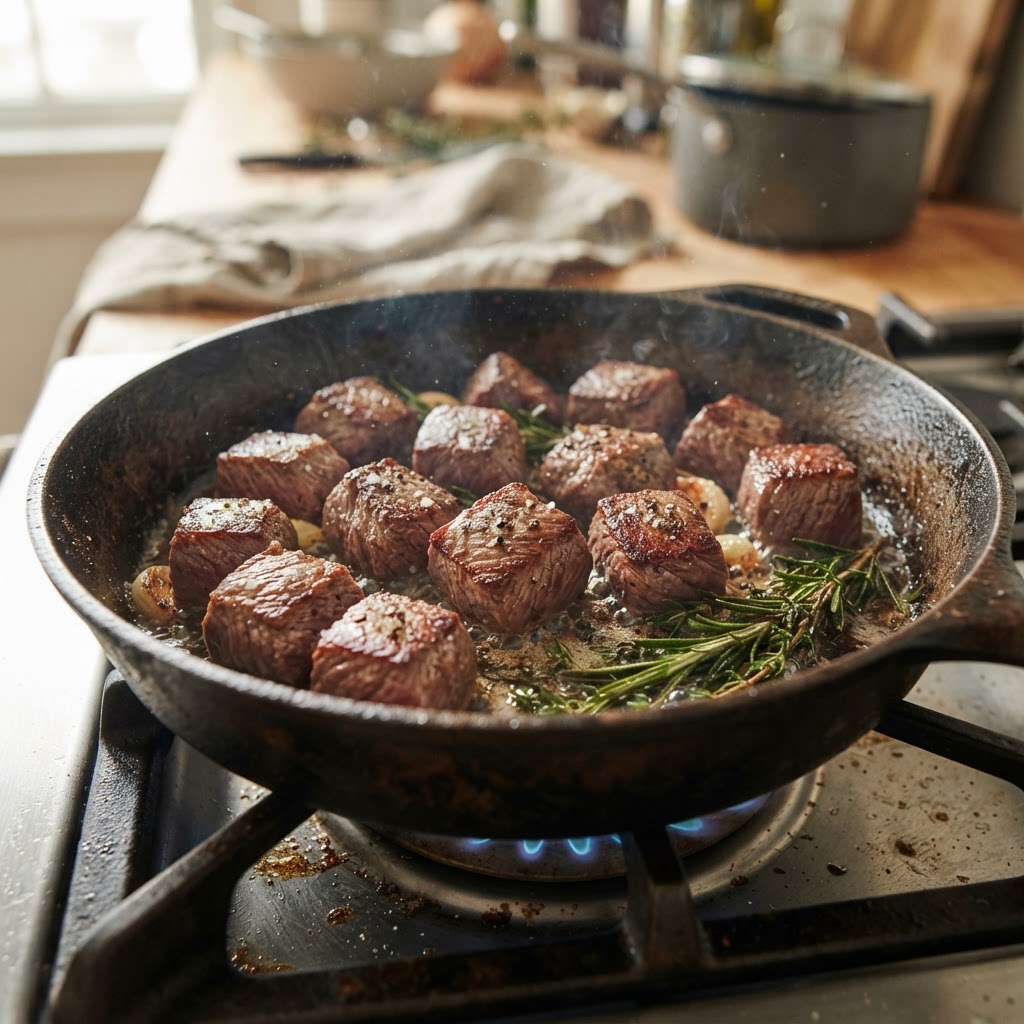 Searing beef to create a deep, complex flavor base.