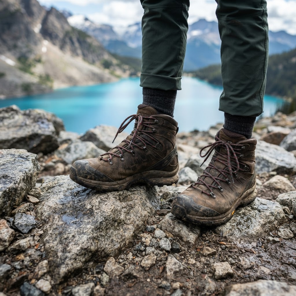 Hiking the rocky moraine trail requires sturdy boots and careful navigation.
