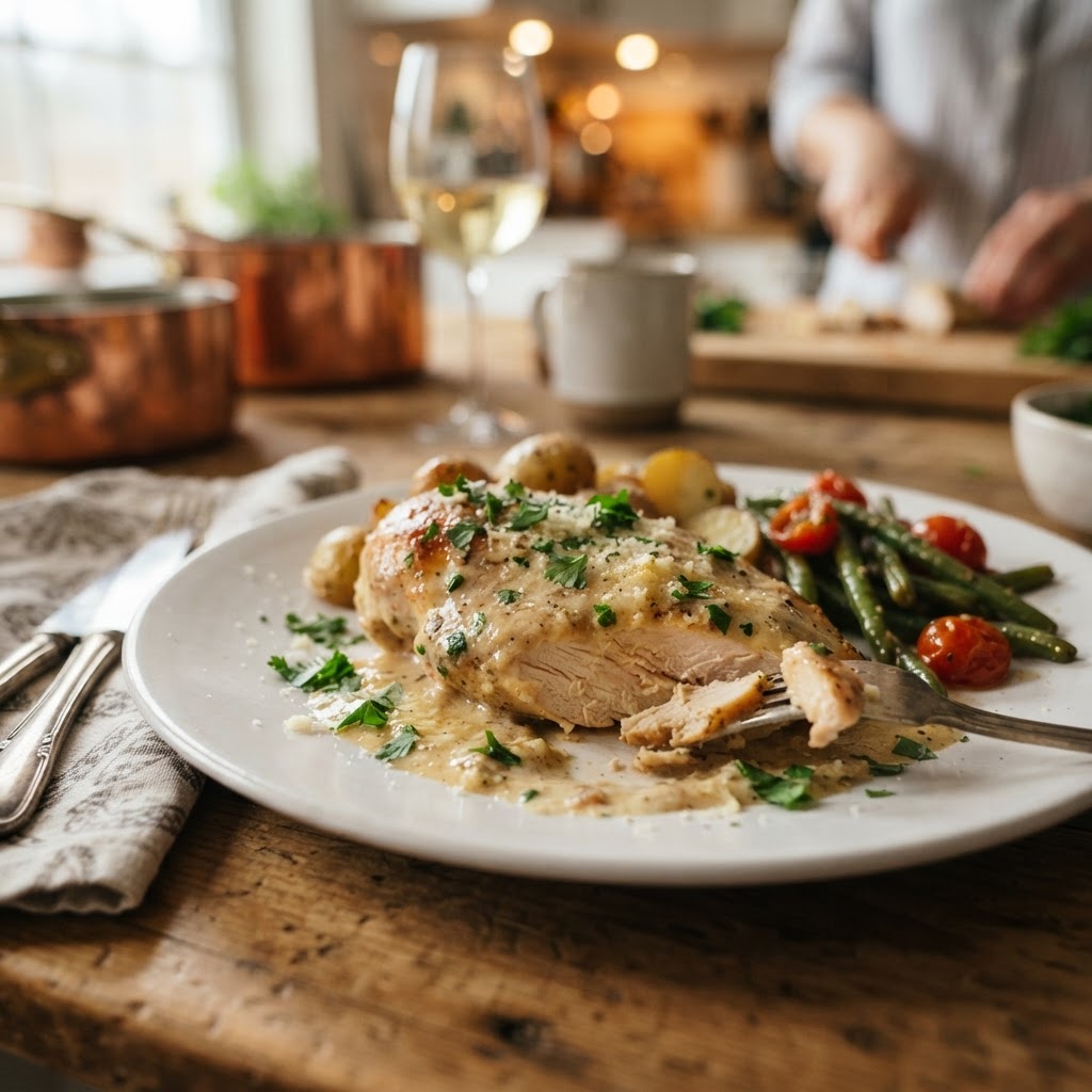 Creamy garlic parmesan chicken breast, tender and delicious.