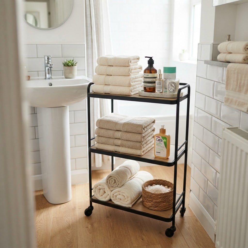 Maximize tiny bathroom space with a sleek, tiered storage cart.
