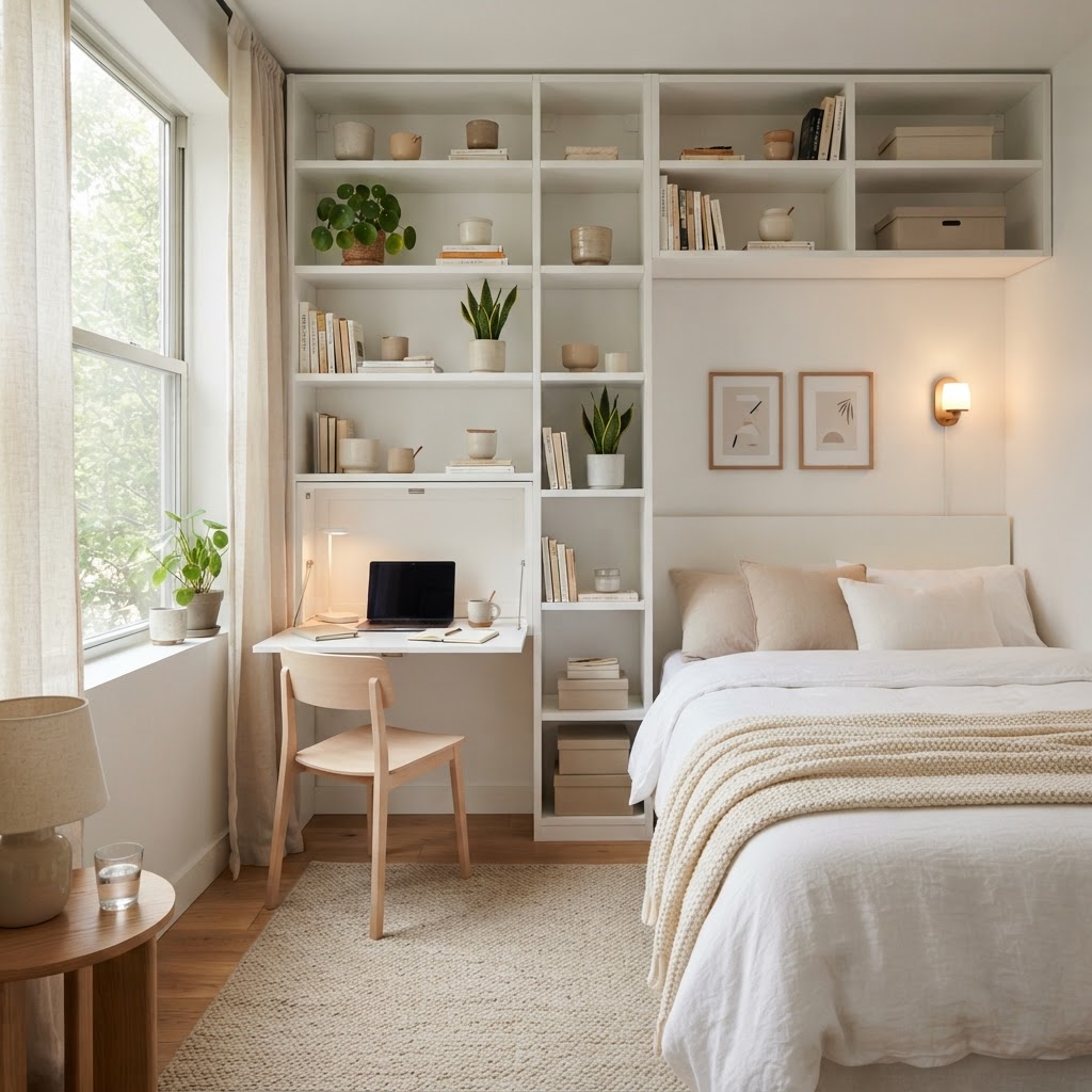 Maximizing vertical space with floor-to-ceiling shelving.