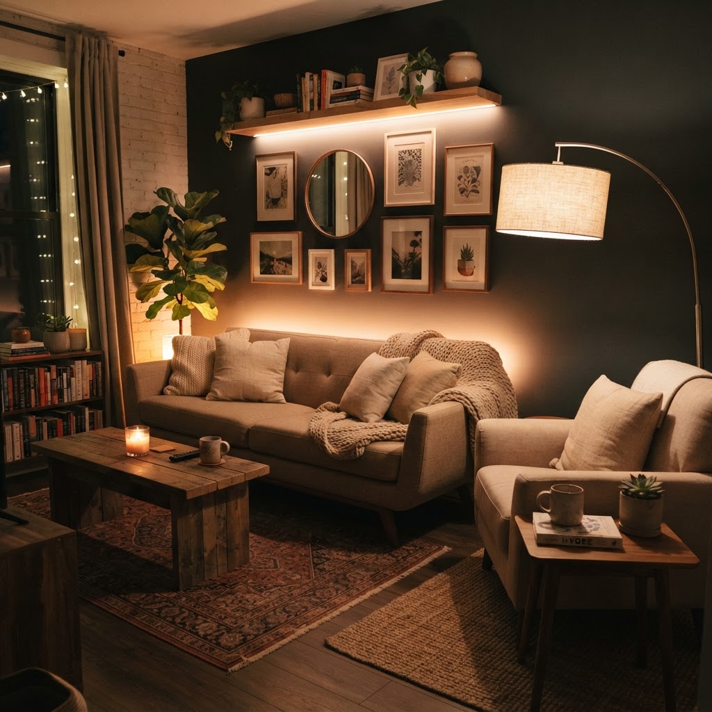 Layering warm light sources creates depth in small living rooms.
