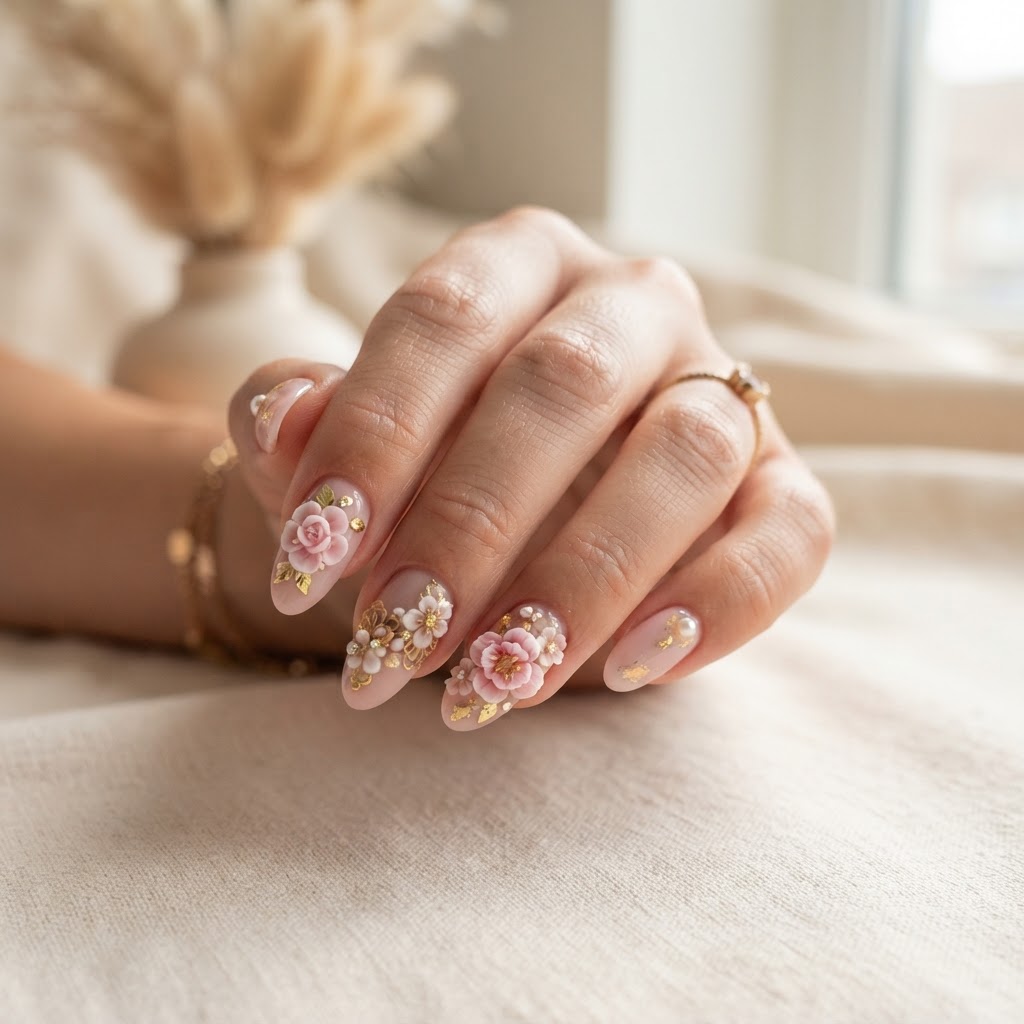 Close-up of intricate 3D floral detailing on soft pink nails.