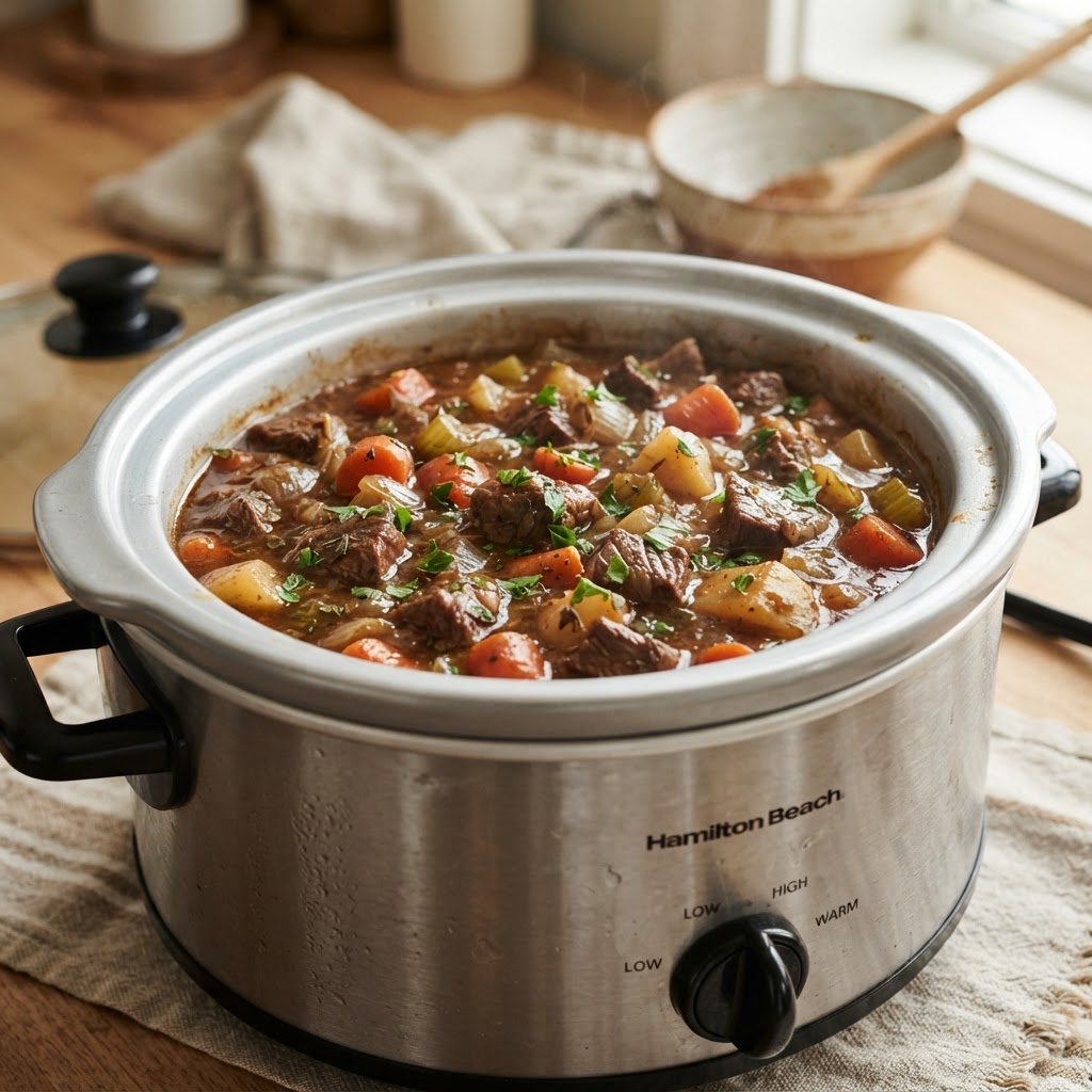 The rich texture of a perfectly cooked slow cooker stew.