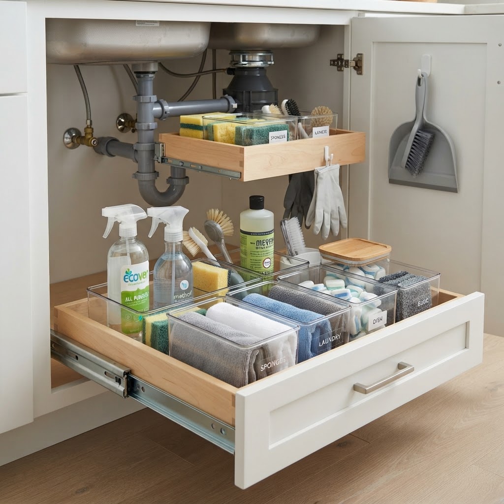 Utilizing pull-out drawers under the sink prevents wasted space.