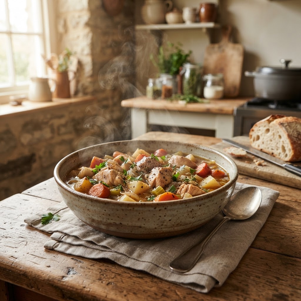 A perfect bowl of homemade chicken stew.